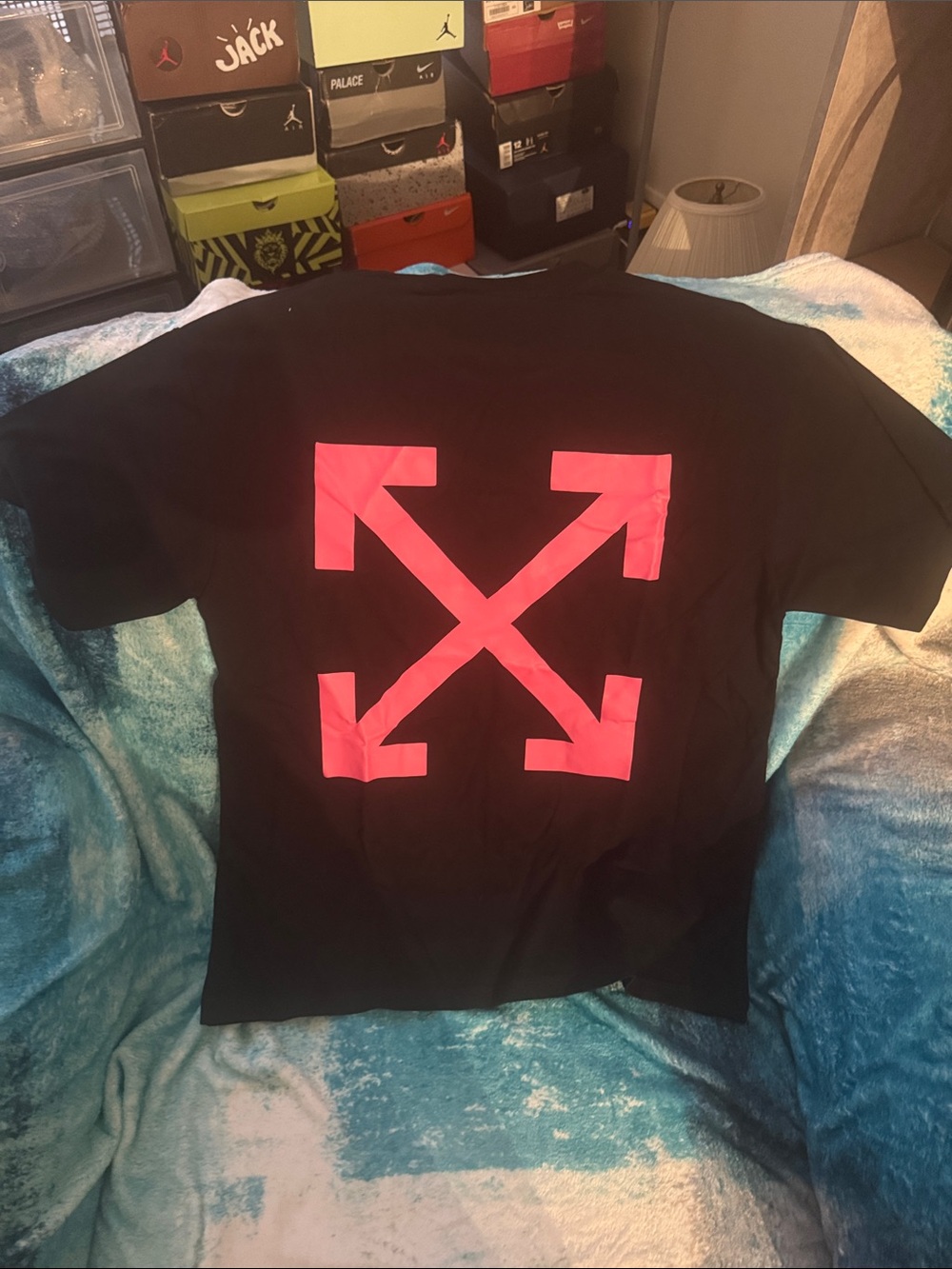 New! Black Off-White Graphic Tee with Pink Accent